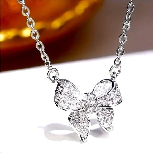 Jewelry - Diamond CZ Bow Knot Necklace Silver Finish NWT